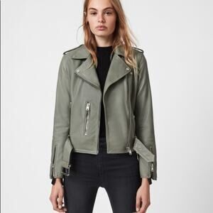 All Saints Green Leather Moto Jacket Size 2 Retails $589 NWT‎